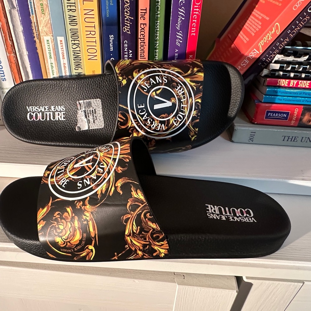 Versace Jeans Couture Black Slides with Gold Baroque Print